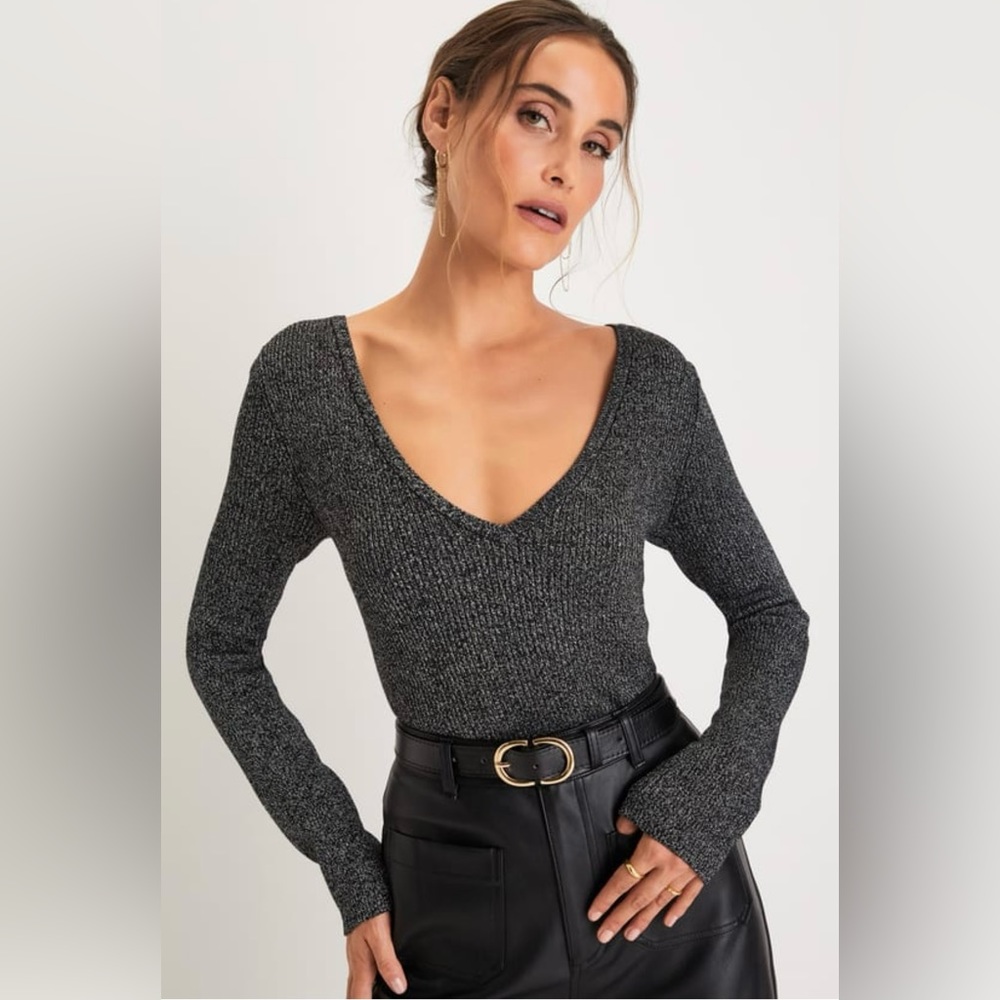 LULUS Sparkly Simplicity Black and Silver Metallic V-Neck Sweater NWT